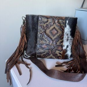 Brown and Black Crossbody Bag with Patchwork Design and Fringe